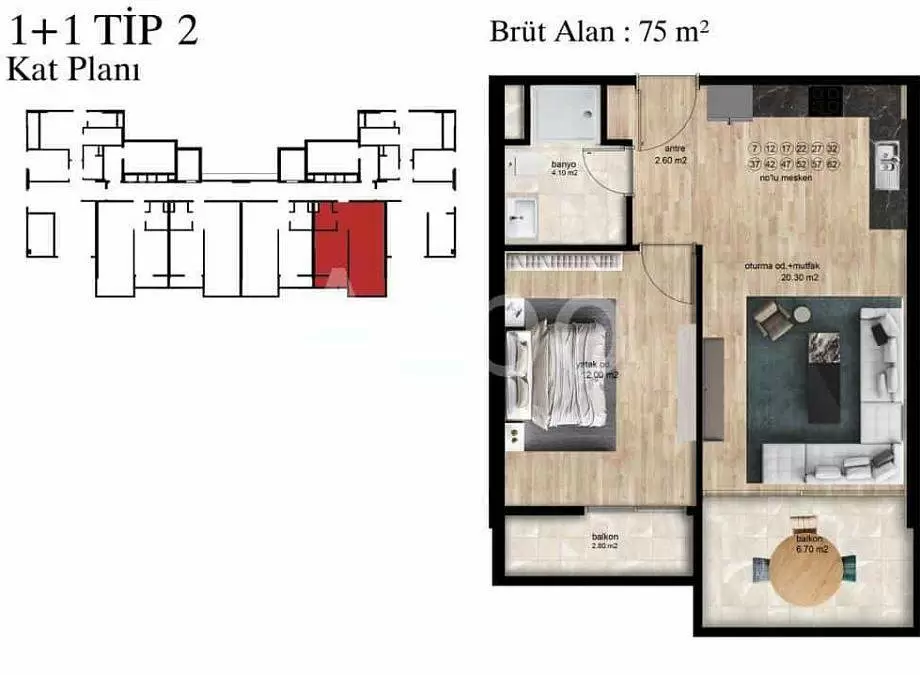 Квартира 1+1 в Мерсине, Турция, 75 м² - фото 28