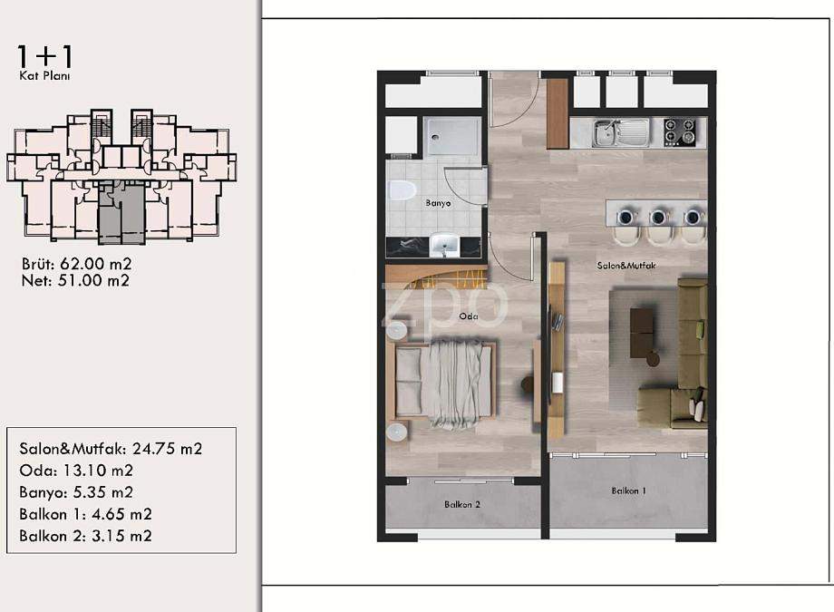 Квартира 1+1 в Мерсине, Турция, 62 м² - фото 27