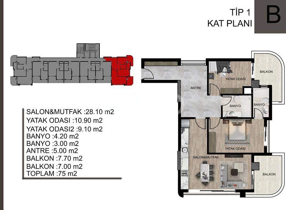Квартира 2+1 в Мерсине, Турция, 75 м² - фото 30