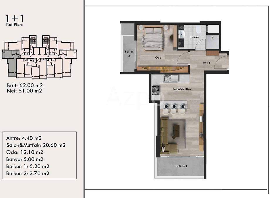 Квартира 1+1 в Мерсине, Турция, 62 м² - фото 22